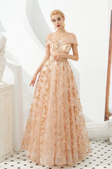 Prom Dress Stores Near Me, Gold Sequin Off the Shoulder A-line Floor Length Lace Prom Dresses