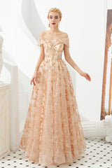 Prom Dresses Brands, Gold Sequin Off the Shoulder A-line Floor Length Lace Prom Dresses