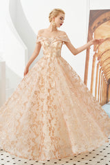 Prom Dresses Brand, Gold Sequin Off the Shoulder A-line Floor Length Lace Prom Dresses