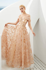 Prom Dress Brands, Gold Sequin Off the Shoulder A-line Floor Length Lace Prom Dresses