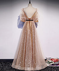 Evening Dresses Long Elegant, Gold Tulle Long Prom Dress, A line Gold Formal Graduation Party Dress
