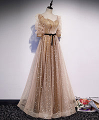 Evening Dress Classy, Gold Tulle Long Prom Dress, A line Gold Formal Graduation Party Dress