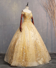 Prom Dresses V Neck, Gold Tulle Off Shoulder Lace Long Prom Dress Tulle Formal Dress