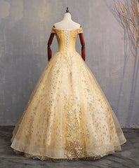 Prom Dress Store Near Me, Gold Tulle Off Shoulder Lace Long Prom Dress Tulle Formal Dress