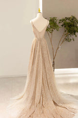 Formal Dresses For Weddings Mother Of The Bride, Gold V-Neck Sequins Long Prom Dress, Shiny A-Line Evening Formal Dress