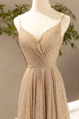 Formal Dresses For Weddings Mothers, Gold V-Neck Sequins Long Prom Dress, Shiny A-Line Evening Formal Dress