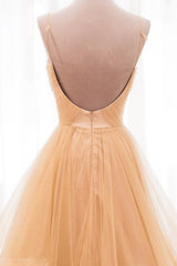 Party Dress And Style, Gold V-Neck Tulle Long Prom Dress, A-Line Evening Dress