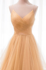 Party Dress Brands Usa, Gold V-Neck Tulle Long Prom Dress, A-Line Evening Dress