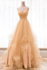 Party Dress Express, Gold V-Neck Tulle Long Prom Dress, A-Line Evening Dress