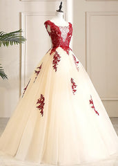 Homecoming Dresses Shop, Gorgeous Champagne Tulle Long Sweet 16 Dress with Red Lace, Formal Gown