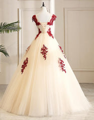 Homecoming Dress Shopping, Gorgeous Champagne Tulle Long Sweet 16 Dress with Red Lace, Formal Gown