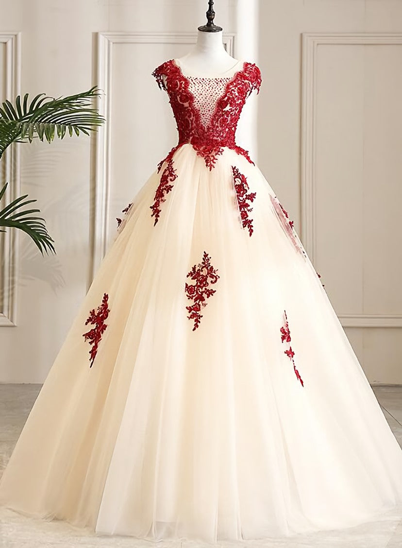 Homecoming Dress Shop, Gorgeous Champagne Tulle Long Sweet 16 Dress with Red Lace, Formal Gown