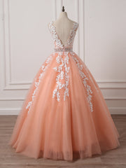 Bridesmaid Dresses Blushes, Gorgeous Coral Tulle  High Quality V-neck Lace Appliques Beads Party Dress, Long Formal Dress
