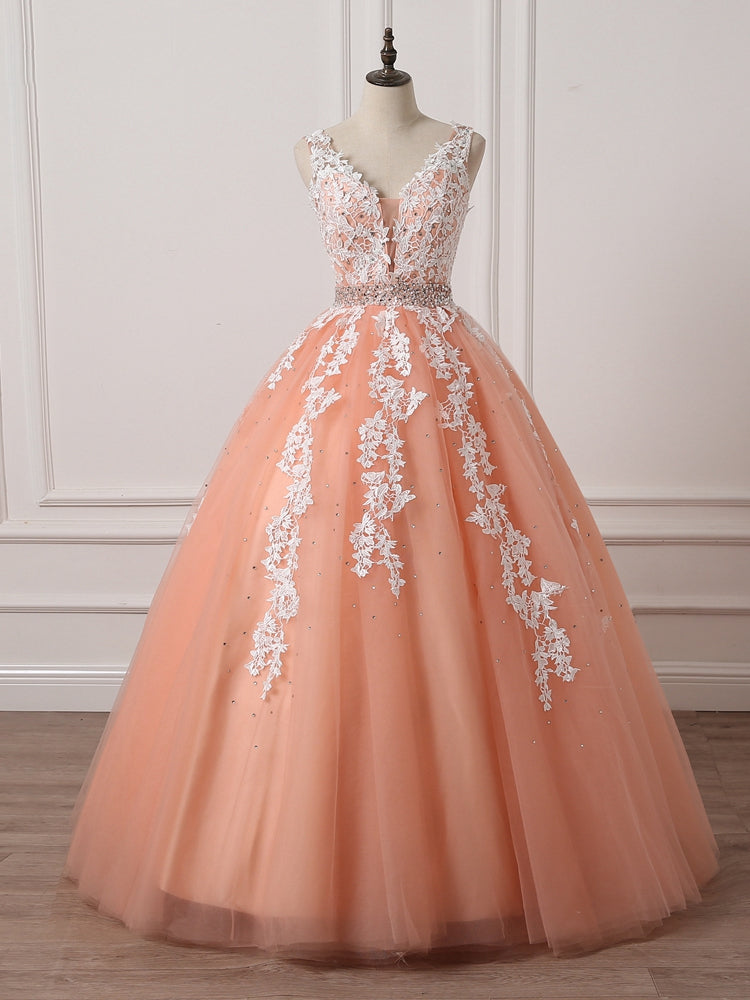 Bridesmaids Dress Blush, Gorgeous Coral Tulle  High Quality V-neck Lace Appliques Beads Party Dress, Long Formal Dress