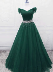 Club Dress, Gorgeous Dark Green Tulle Off Shoulder Long Party Dress, Prom Gown