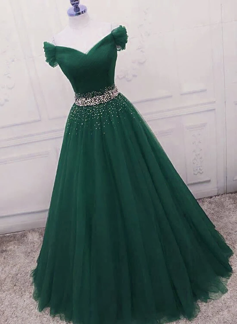 Evening Dress Long, Gorgeous Dark Green Tulle Off Shoulder Long Party Dress, Prom Gown