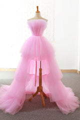 Formal Dresses Long Elegant, Gorgeous High Low Pink Tulle Long Prom Dresses, Pink Tulle Formal Graduation Evening Dresses
