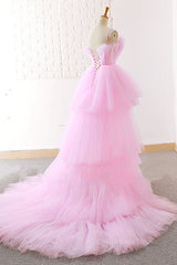 Formal Dress Vintage, Gorgeous High Low Pink Tulle Long Prom Dresses, Pink Tulle Formal Graduation Evening Dresses