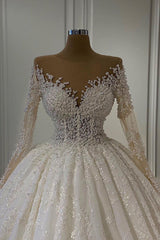 Wedding Dresses A Line Lace, Gorgeous Lace Long Sleeve Beads Ball Gown Wedding Dress