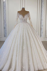 Wedding Dress Classic Elegance, Gorgeous Lace Long Sleeve Beads Ball Gown Wedding Dress