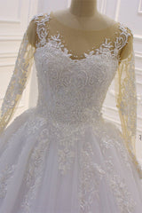 Wedding Dresses Silk, Gorgeous Long A-Line Bateau Pearl Tulle Appliques Lace Wedding Dress with Sleeves