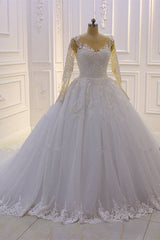 Wedding Dresses Long, Gorgeous Long A-Line Bateau Pearl Tulle Appliques Lace Wedding Dress with Sleeves