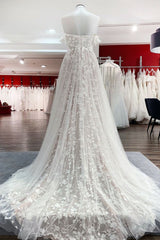 Wedding Dresses And Veils, Gorgeous Long A-line Off-the-shoulder Tulle Appliques Lace Wedding Dress