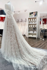 Wedding Dress Flower, Gorgeous Long A-line Off-the-shoulder Tulle Appliques Lace Wedding Dress