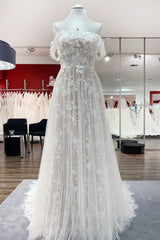Wedding Dress A Line Lace, Gorgeous Long A-line Off-the-shoulder Tulle Appliques Lace Wedding Dress