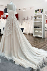 Wedding Dress Ideas, Gorgeous Long A-line Off-the-shoulder Tulle Lace Appliques Wedding Dress