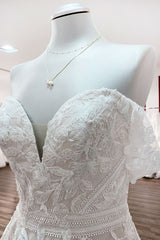 Wedding Dresses Lace, Gorgeous Long A-line Off-the-shoulder Tulle Lace Appliques Wedding Dress