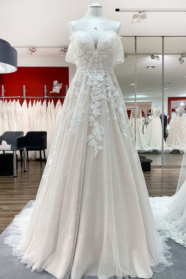 Wedding Dresses Flower, Gorgeous Long A-line Off-the-shoulder Tulle Lace Appliques Wedding Dress