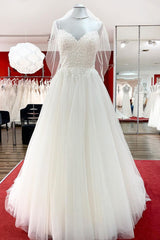 Wedding Dress Lace, Gorgeous Long A-line Sweetheart Spaghetti Straps Tulle Lace Wedding Dresses