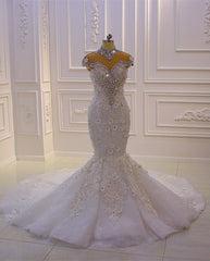 Wedding Dresses Websites, Gorgeous Long Mermaid High Neck Appliques Lace Crystal Tulle Wedding Dress
