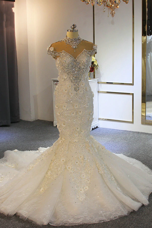 Wedding Dress Modern, Gorgeous Long Mermaid High Neck Appliques Lace Crystal Tulle Wedding Dress
