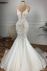 Wedding Dresses Elegant Simple, Gorgeous Long Mermaid Sweetheart Beaded Lace Organza Wedding Dress