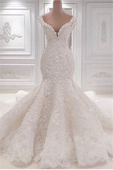 Wedding Dress Dress, Gorgeous Long Mermaid V-neck Appliques Lace Ruffles Wedding Dress