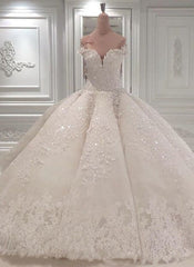 Wedding Dress Designer, Gorgeous Long Off The Shoulder Beadings Ball Gown Wedding Dress