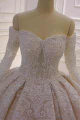 Wedding Dressing Gown, Gorgeous Long Sleeve Off the Shoulder Appliques Lace Ball Gown Wedding Dress
