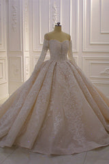 Wedding Dresses Open Back, Gorgeous Long Sleeve Off the Shoulder Appliques Lace Ball Gown Wedding Dress