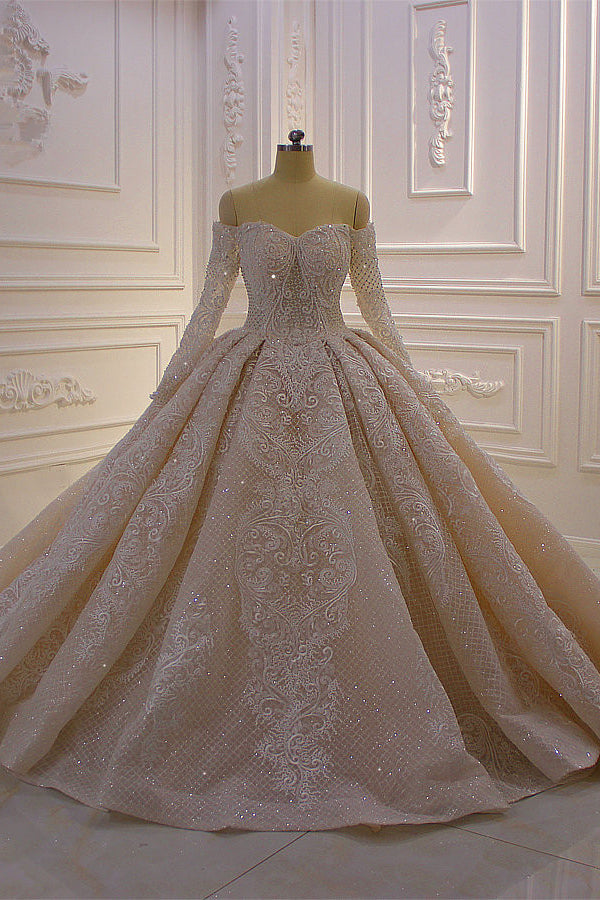 Wedding Dresses Gown, Gorgeous Long Sleeve Off the Shoulder Appliques Lace Ball Gown Wedding Dress