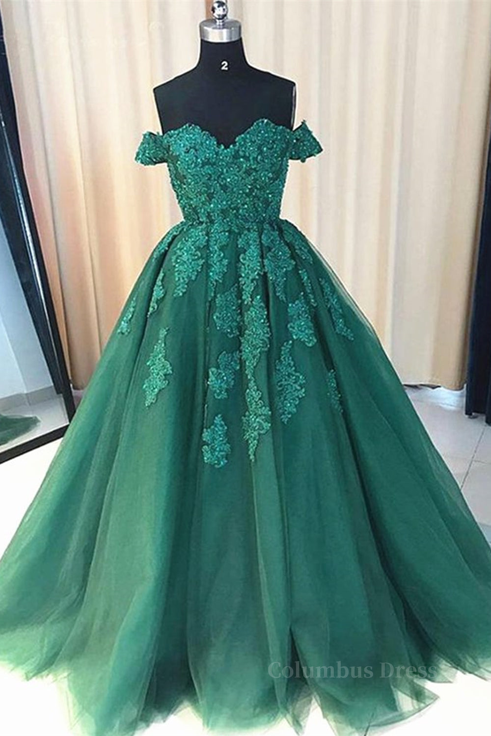 Party Dress Boots, Gorgeous Off Shoulder Green Lace Long Prom Dresses, Green Lace Formal Evening Dresses, Green Ball Gown