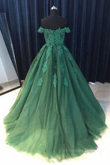 Party Dresses Black And Gold, Gorgeous Off Shoulder Green Lace Long Prom Dresses, Green Lace Formal Evening Dresses, Green Ball Gown
