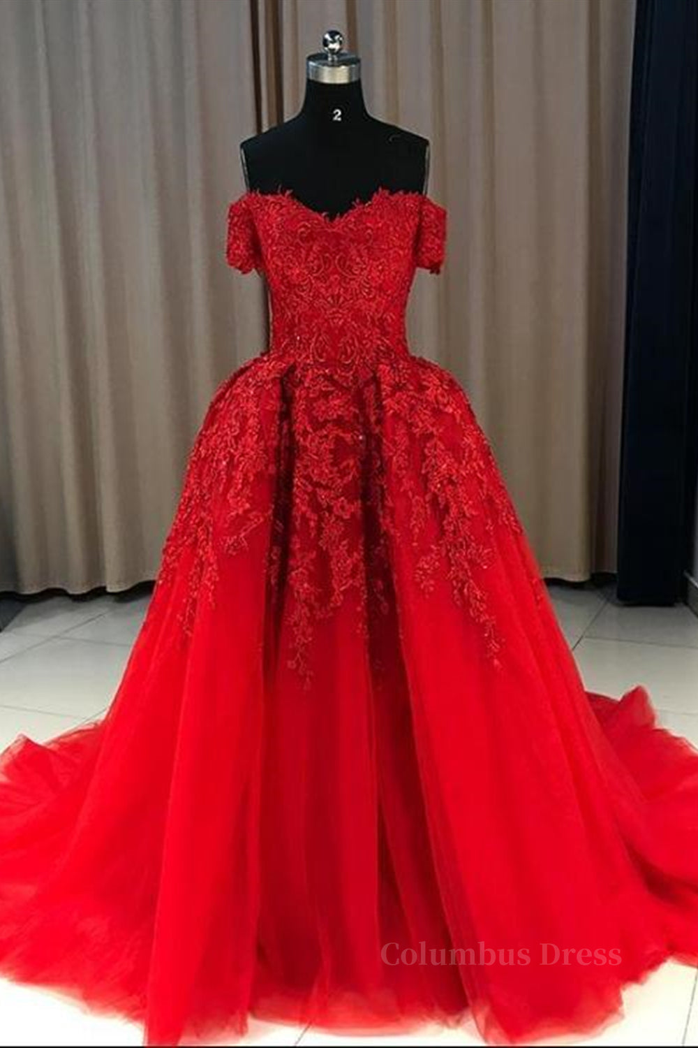 Royal Dress, Gorgeous Off Shoulder Red Lace Long Prom Dresses, Red Lace Formal Evening Dresses, Red Ball Gown