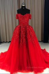 Royal Dress, Gorgeous Off Shoulder Red Lace Long Prom Dresses, Red Lace Formal Evening Dresses, Red Ball Gown