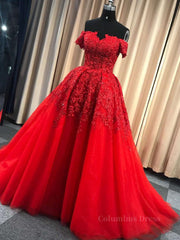 On Piece Dress, Gorgeous Off Shoulder Red Lace Long Prom Dresses, Red Lace Formal Evening Dresses, Red Ball Gown