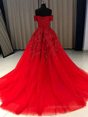 Formal Dresses Long, Gorgeous Off Shoulder Red Lace Long Prom Dresses, Red Lace Formal Evening Dresses, Red Ball Gown