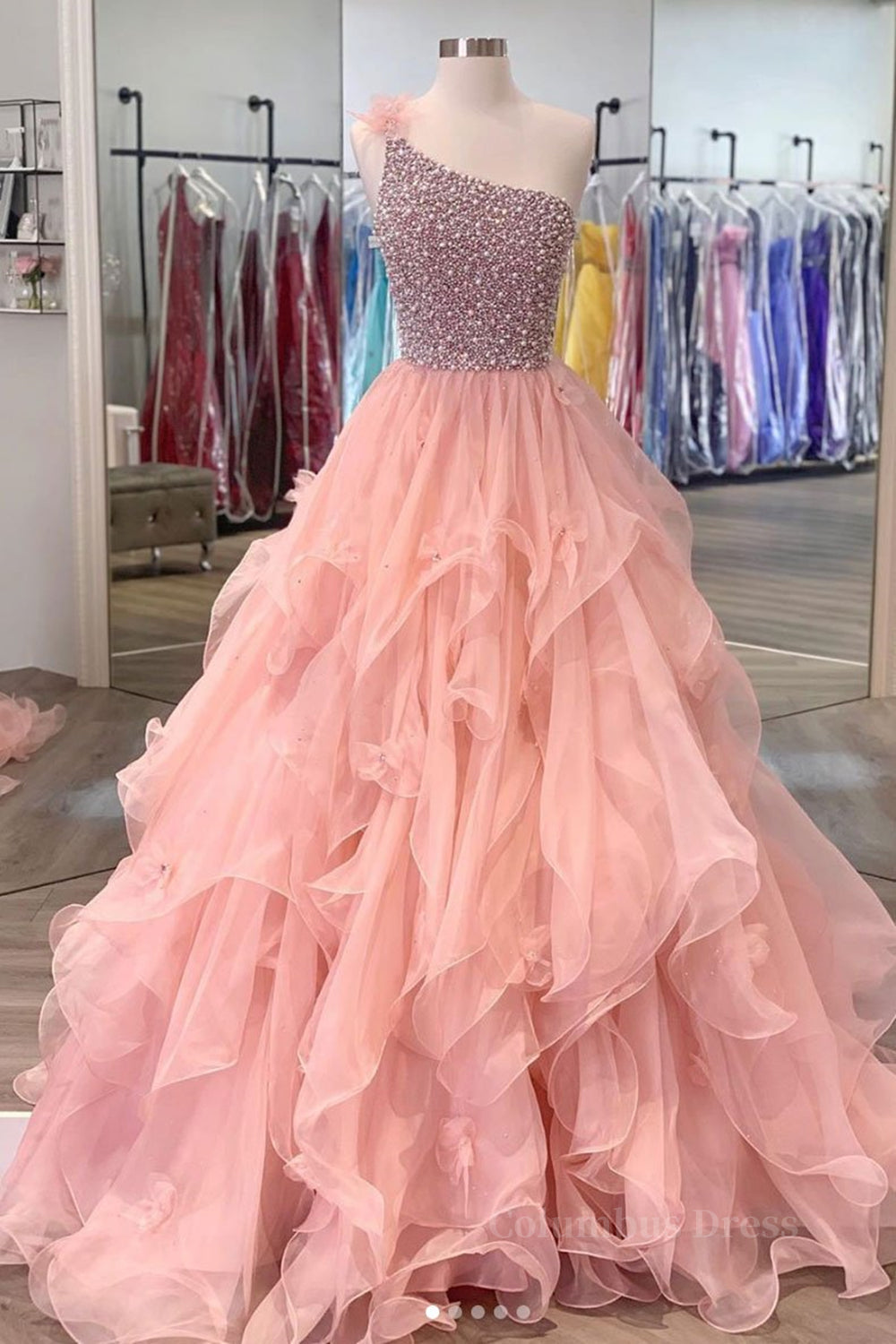 Dress Ideas, Gorgeous One Shoulder Beaded Pink Long Prom Dresses, Fluffy Pink Formal Evening Dresses, Beaded Ball Gown