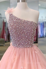 Tulle Dress, Gorgeous One Shoulder Beaded Pink Long Prom Dresses, Fluffy Pink Formal Evening Dresses, Beaded Ball Gown