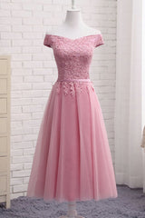 Prom Dress A Line, Gorgeous Pink A Line Lace Off Shoulder Prom Dress,Cheap evening dresses,Sexy Formal Dress